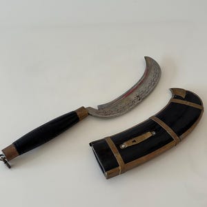 Antique Nepalese Brass & Horn Gurkha Kukri Engraved, Blade Knife + Scabbard Vintage knife