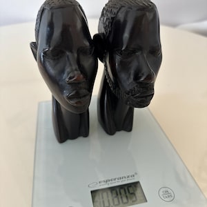 Pair Vintage African Carved EBONY BUSTS, Stunning Man & Woman Hand Crafted Solid Ebony Wood African Statue Figurine Bust