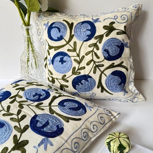 Hand Embroidered Suzani Pillow Cover: Authentic Silk Cushion (18" x 18")