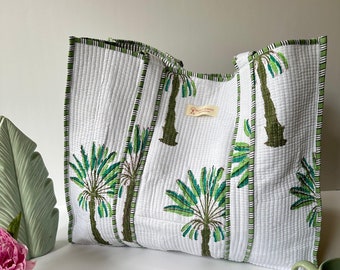 Bolsa de algodón con estampado artesanal / Diseño de palmeras acolchadas