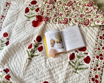Block Print Cotton Quilt: Reversible Red Floral Jaipuri Bedspread