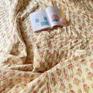 Handtryckt bomullsquilt: Vändbart blommigt Jaipuri-överkast bild 3