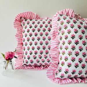 Hand Block Frill Cushion Cover ,  Handcrafted Cotton Cushion Cover, Floral Decor, hand blocked pillow , Pink Frill Cushion