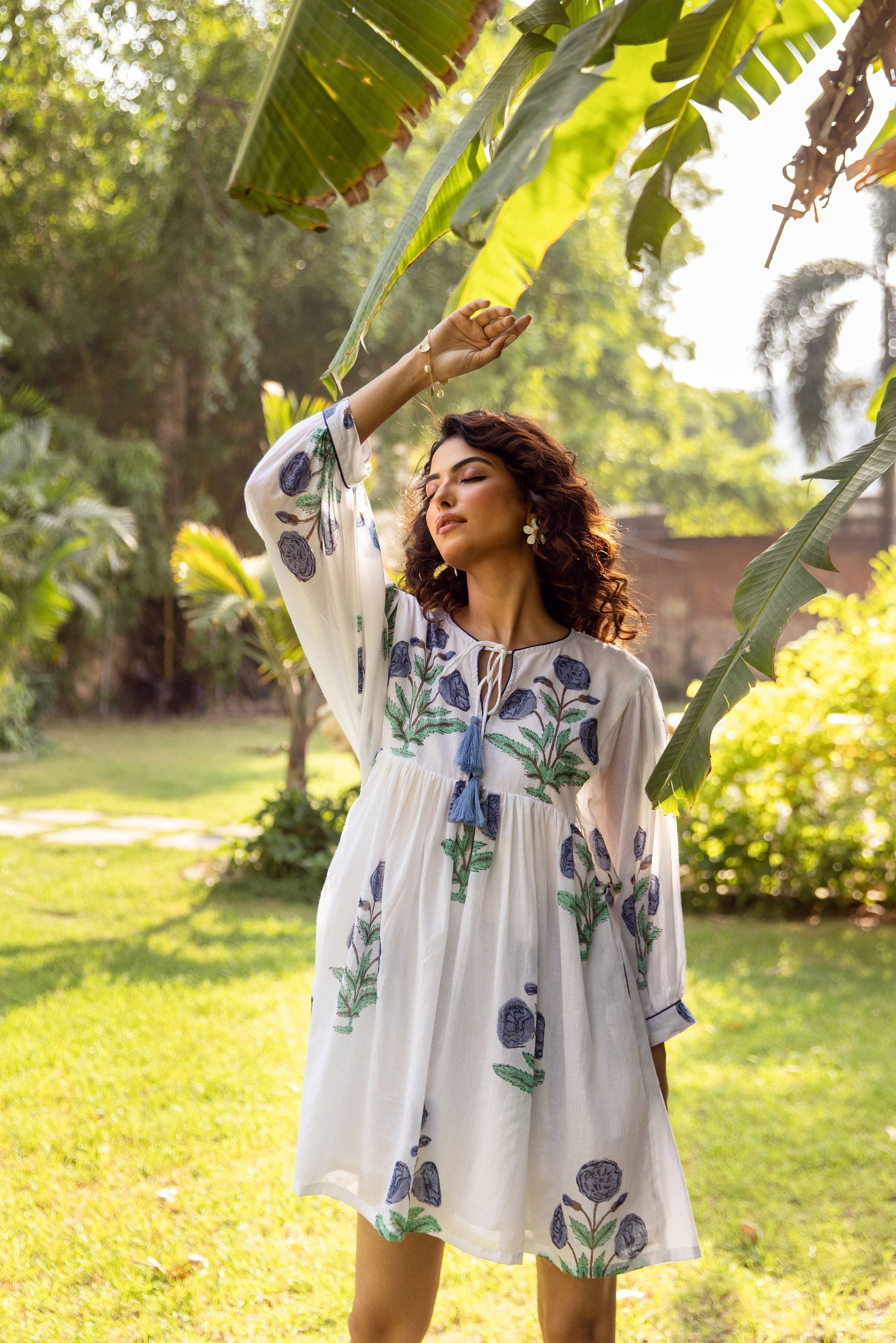 floaty midi dress in block print cotton voile Floral Block Print Cotton Midi Dress: Voile Summer Dress with Pockets