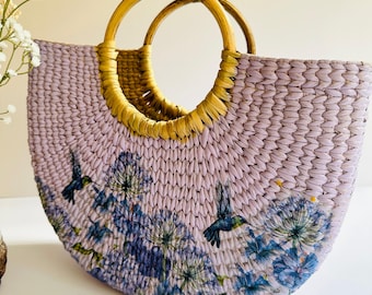 Bolso de playa tejido a mano con algas marinas: Tote bohemio con flores de hortensias