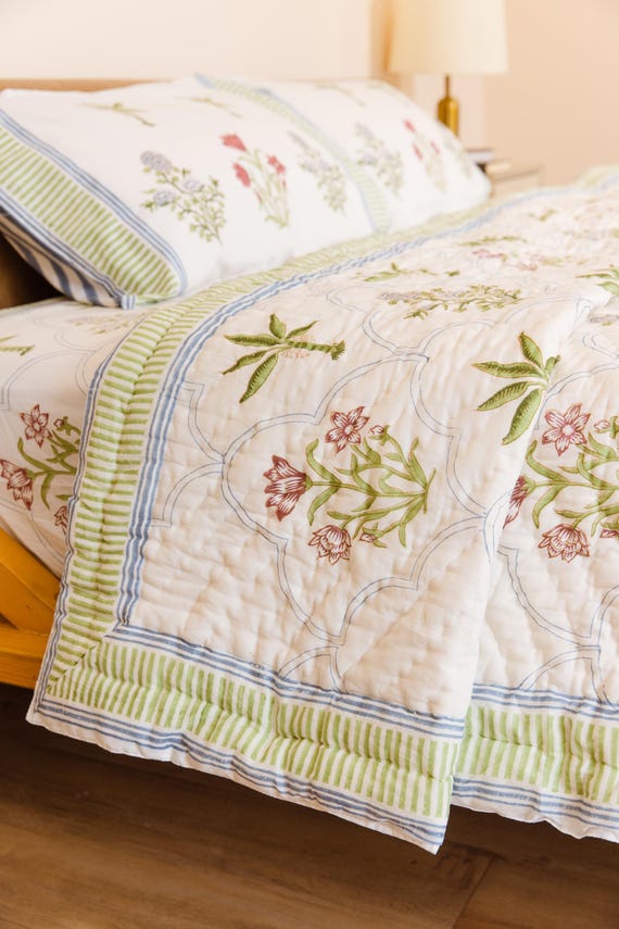 Hand Block Print Quilt | Organic Cotton Reversable Bedspread, Cottage core Decor