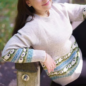 May include: A light gray sweater with a crew neck and long sleeves. The sleeves and lower hem feature a pattern of sheep, green, and blue stripes. The sweater is worn by a person sitting on a bench.