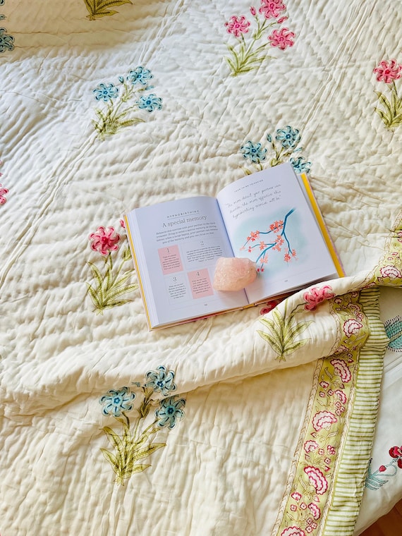 Hand Block Printed Cotton Quilt: Reversible Floral Jaipuri Bedspread
