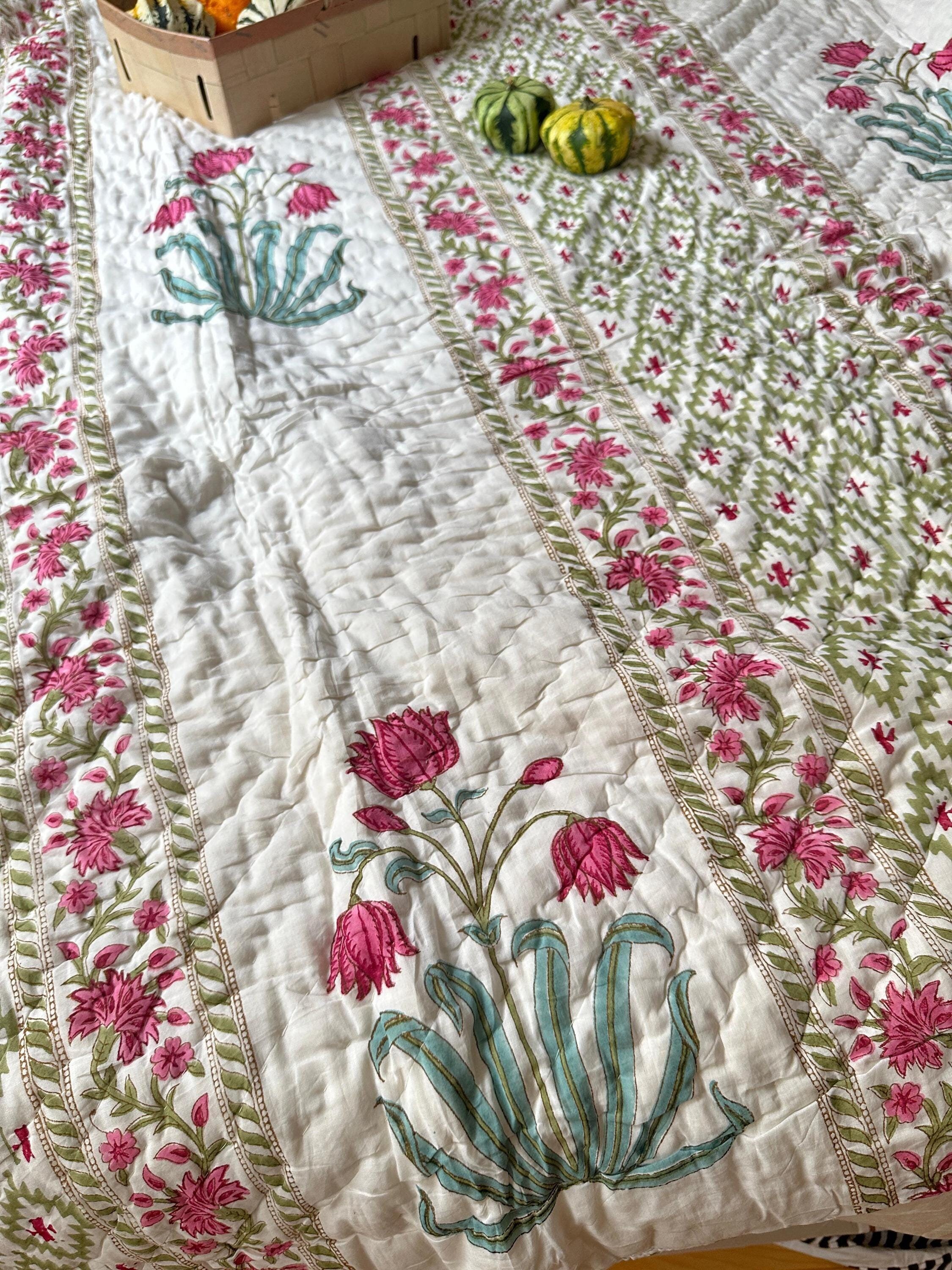 Hand Block Print Cotton Quilt: Reversible Pink Floral Bedspread