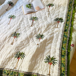 Dwustronna bawełniana kołdra z nadrukiem palm: ręcznie robiona kołdra z nadrukiem blokowym
