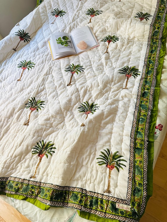 Reversible Palm Print Cotton Quilt: Handmade Block Print Comforter