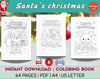 May include: A set of three black and white Christmas coloring book pages with the text "Merry Christmas". The pages feature Santa Claus, an elf on a sleigh, and a mouse with gifts. The words "Santa's Christmas" and "Kids Ages 4-8" are also visible.