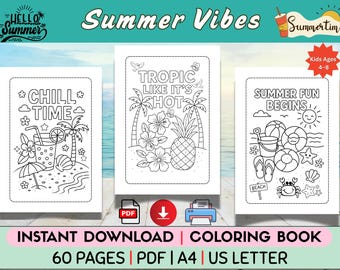 Livre de coloriage Summer Vibes à imprimer pour enfants de 4 à 8 ans – 60 pages de coloriage plage et tropical