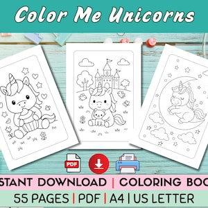 Kawaii Unicorn Coloring Book for Kids – 55 Pages Printable Cute Unicorn Coloring Sheets, Fun Activity Pages, Digital Download