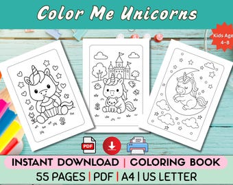Libro para colorear de unicornios kawaii imprimible para niños de 4 a 8 años: 55 páginas mágicas