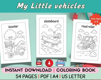 Libro para colorear de vehículos imprimible para niños de 4 a 8 años: 54 páginas para colorear de coches y camiones