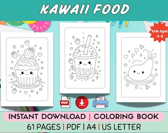 Libro imprimible de comida kawaii para colorear para niños de 4 a 8 años: 61 páginas de postres