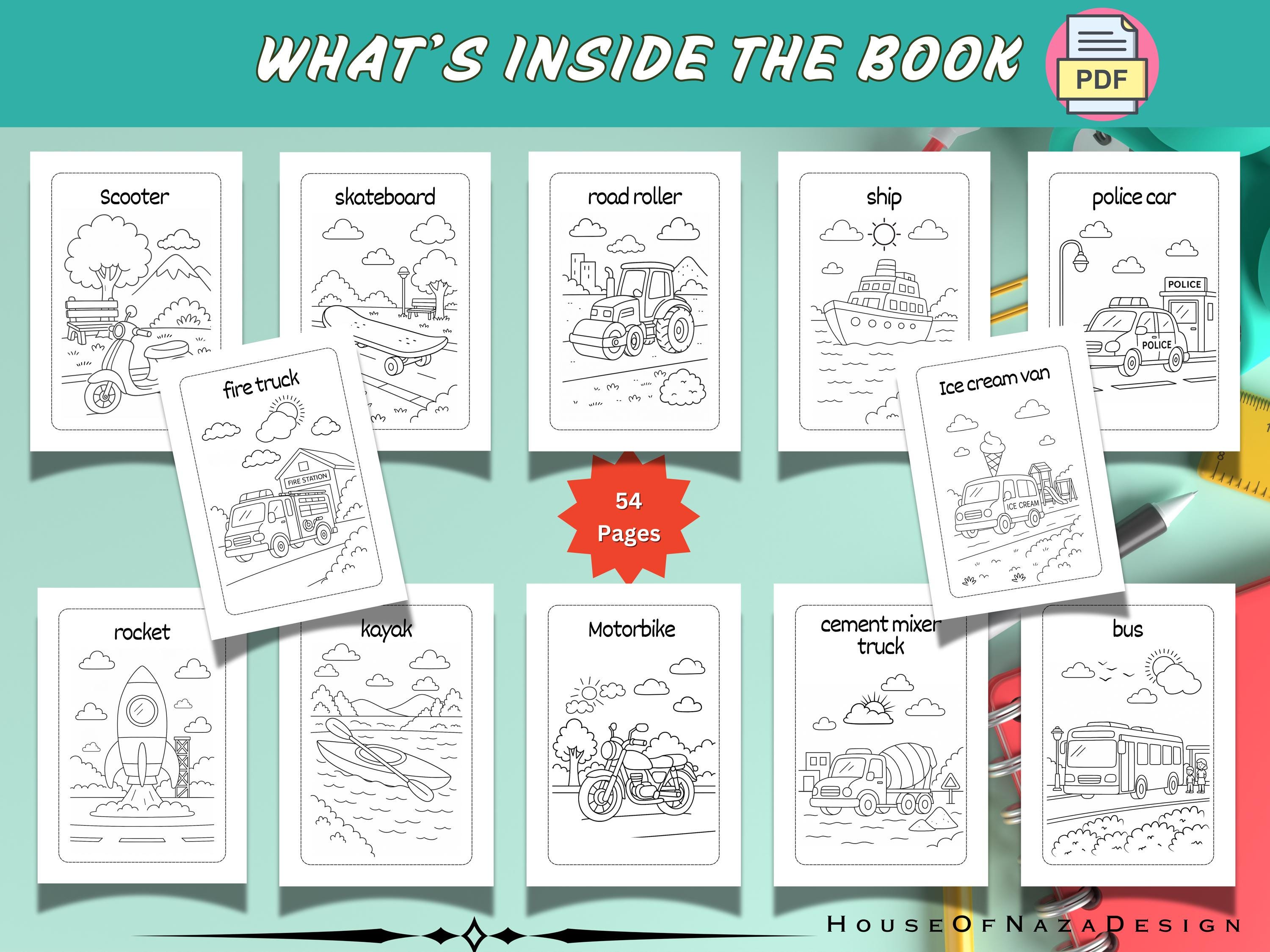 Printable Vehicles Coloring Book for Kids Ages 4–8 | 54 Cars, Trucks ...