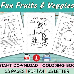 Kawaii Fruits & Veggie Coloring Book | 53 Pages Cute Fruit and Vegetable Coloring for Kids | Printable Healthy Food Activity Sheets