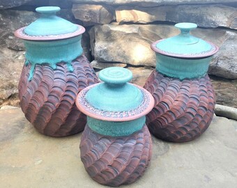 Set of 3 Kitchen Canisters in Turquoise and Woven Iron - Made To Order