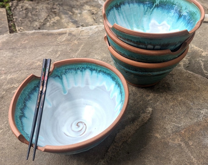 Huge Stoneware Ramen Bowl: Turquoise Falls Noodle Bowl with Chopstick Rests