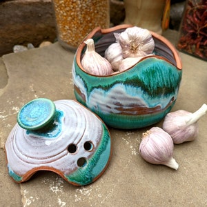 Large Garlic Keeper or Shallot Pot in Turquoise Falls- Made to Order