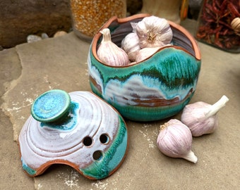 Large Garlic Keeper or Shallot Pot in Turquoise Falls- Made to Order