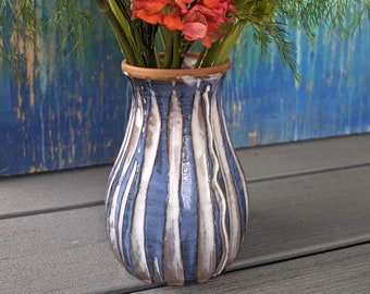 Blue Striped Flower Vase- In Stock and Ready to Ship