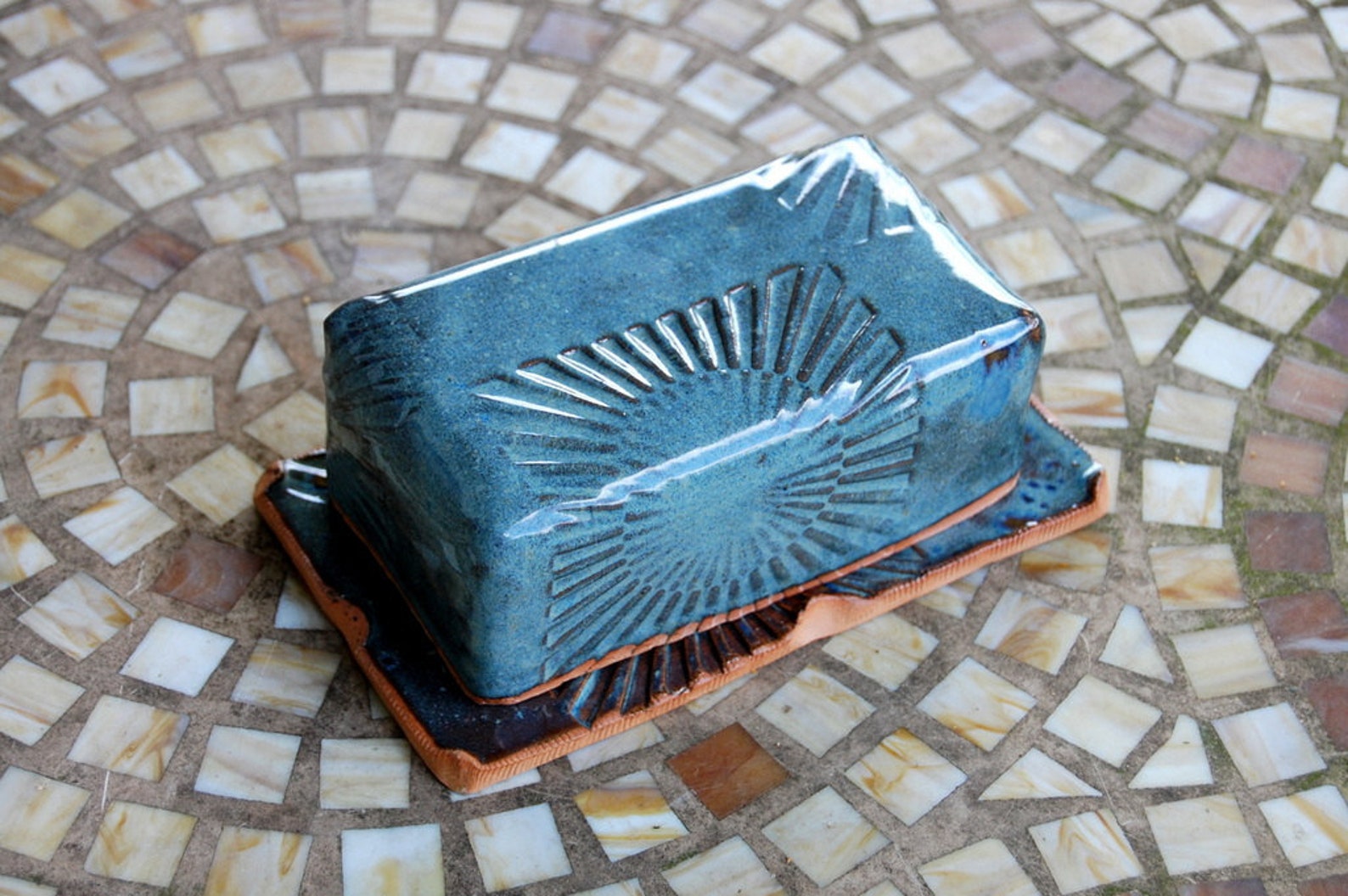 Covered Butter Dish in Slate Blue With Rising Sun Texture Etsy