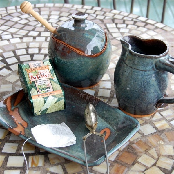 Slate Blue Creamer And Sugar Jar Set with Tray