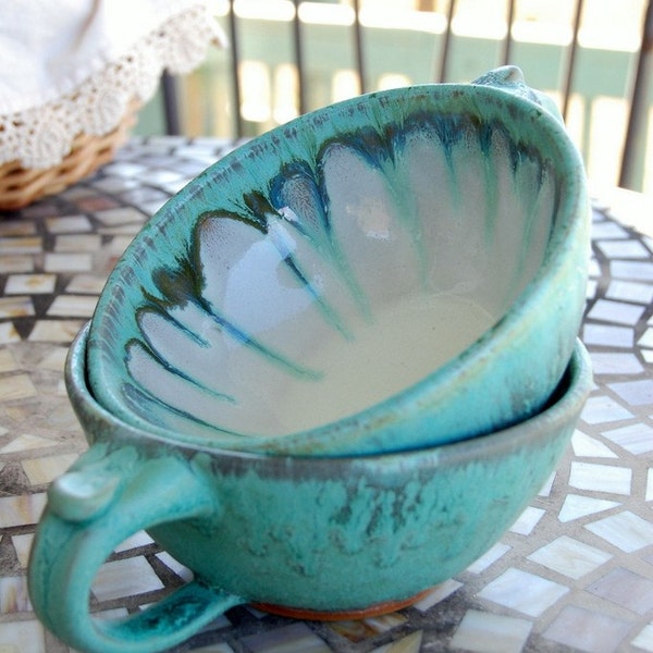 Two Cappuccino Cups or Soup Bowls In Turquoise