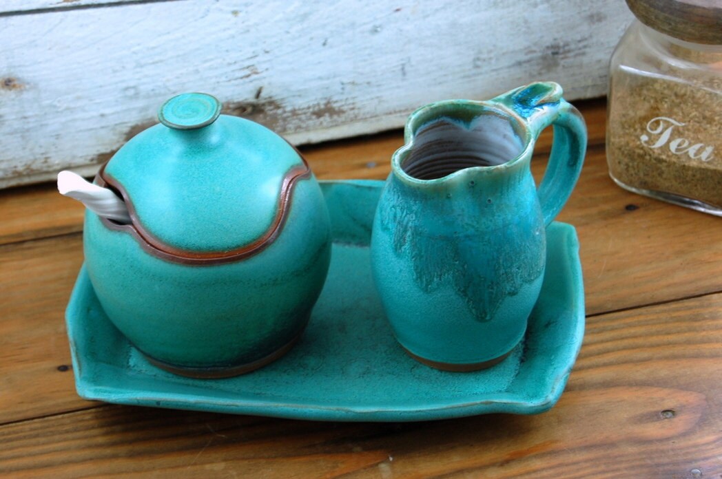 Turquoise Creamer And Sugar Jar Set with Tray Made to Order Etsy