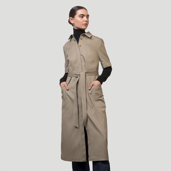 beige work dress Elegant Minimalist Work Midi Shirt Dress From Pre-washed Cotton Twill in  Beige