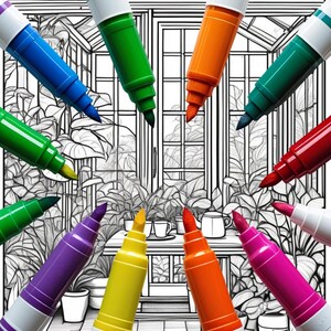 May include: Image featuring a collection of colorful markers arranged around a black and white illustration of a room with plants. The text "Free Coloring Pages" and "Peace in Patterns" are displayed.