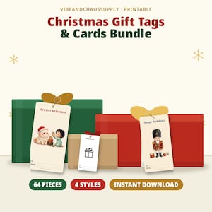 Weihnachtsgeschenkanhänger-Set zum Ausdrucken | 64 Teile: Anhänger, Karten, Aufkleber & Weinetiketten | Mochi und Luna | Nussknacker (PDF)