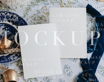 Blue Christmas Bow Grandmillennial Toile Holiday Card Mockup 5x7 inches Double Sided, Stationary Smart Object | Smart Mockup | Lay Flat Jpeg