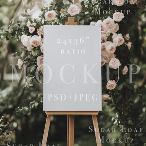 Mockup de placa de boas-vindas de cavalete para casamento, chá de bebê, aniversário, chá de panela, mockup de objeto inteligente PSD, foto plana, proporção de 24 x 36 polegadas