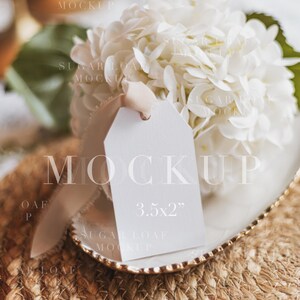 Hydrangea Party Favor Tag PSD Mockup 2x3.5" Card, Baby Shower, Wedding, Save the Date Stationary Smart Object Floral Neutral
