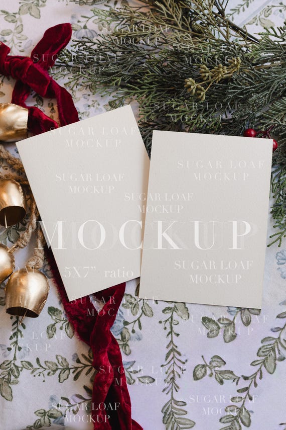 Red Bow Christmas Bell Holiday Card Mockup 5x7 inches Double Side, Wedding, Invite Stationary Smart Object | Smart Mockup | Lay Flat Jpeg