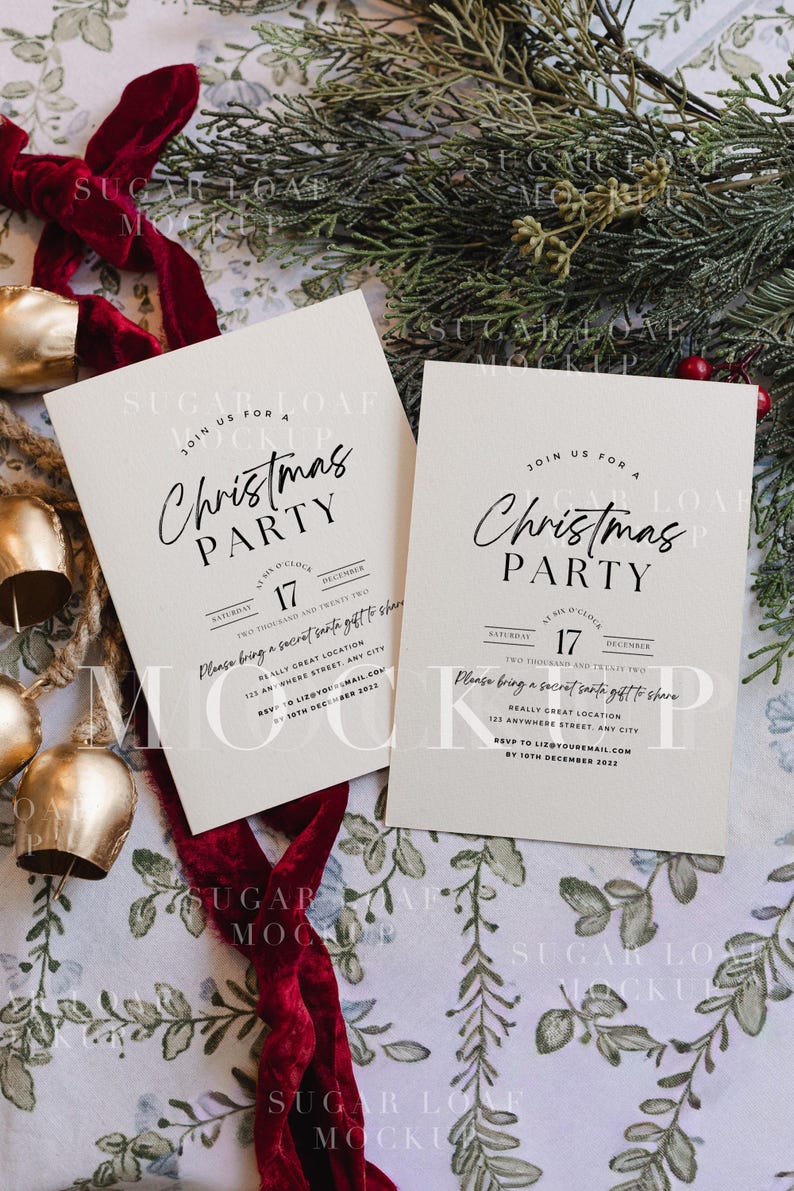 May include: Two off-white rectangular Christmas party invitation cards with black text. The text reads Join us for a Christmas Party, Saturday 17 December, two thousand and twenty two, at six o'clock, and includes RSVP details and a secret santa note.
