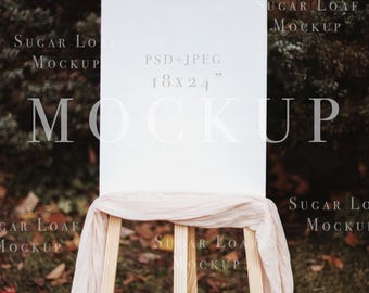 Staffelei Willkommen Schild Mockup 45x60 cm für Hochzeit, Baby Shower, Geburtstag, Bachelor Party, PSD Smart Objekt Mockup, Flach legen Foto