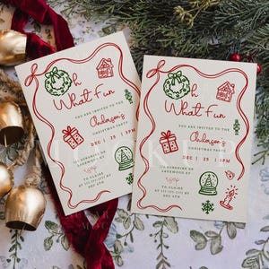 May include: Two rectangular white Christmas party invitations featuring red wavy borders and green and red holiday icons including a wreath, gift, gingerbread house, and snow globe. The text reads Oh What Fun, Anderson's Christmas Party, Dec 25, 3PM.