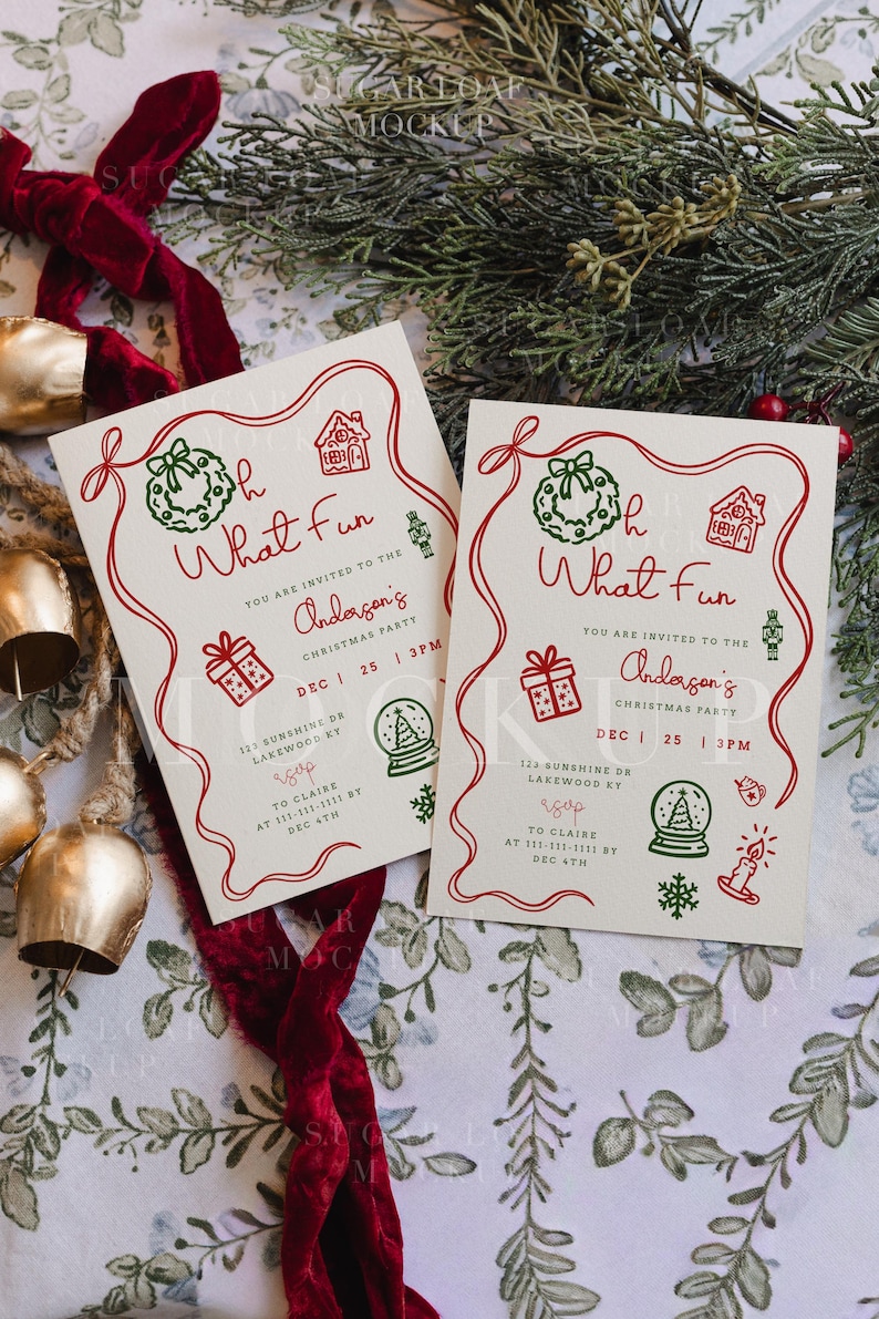 May include: Two rectangular white Christmas party invitations featuring red wavy borders and green and red holiday icons including a wreath, gift, gingerbread house, and snow globe. The text reads Oh What Fun, Anderson's Christmas Party, Dec 25, 3PM.