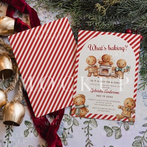 May include: A gender reveal party invitation card featuring a red and white diagonal striped border and illustrations of gingerbread characters. The text reads What's baking? Is it a boy or a girl? honoring Gabriela Anderson on Dec 15 20XX.
