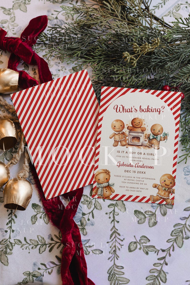 May include: A gender reveal party invitation card featuring a red and white diagonal striped border and illustrations of gingerbread characters. The text reads What's baking? Is it a boy or a girl? honoring Gabriela Anderson on Dec 15 20XX.