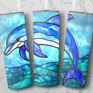 Dolphin Stained Glass 20oz Skinny Tumbler Sublimation Design Digital Download PNG
