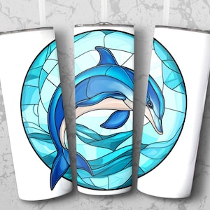 Dolphin Stained Glass 20oz Skinny Tumbler Sublimation Design Digital Download PNG