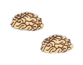 Brains Engraved Wood Cabochon, 10 Pieces, Jewelry Findings, Parts for Crafters, Flat Back, Unfinished Maple Hardwood, Earring Stud Findings