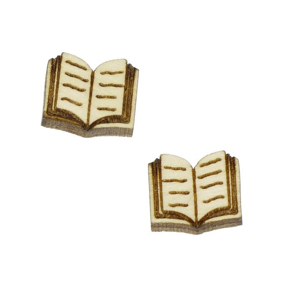 Open Book or Bible Engraved Wood Cabochons, Earring Stud Supply, 10 pieces, Flat Back, Reader, Bibliophile, Bookworm, Literary Geek