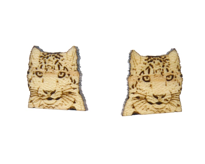 Snow Leopard Larger Wood Stud Earrings Big Cat
